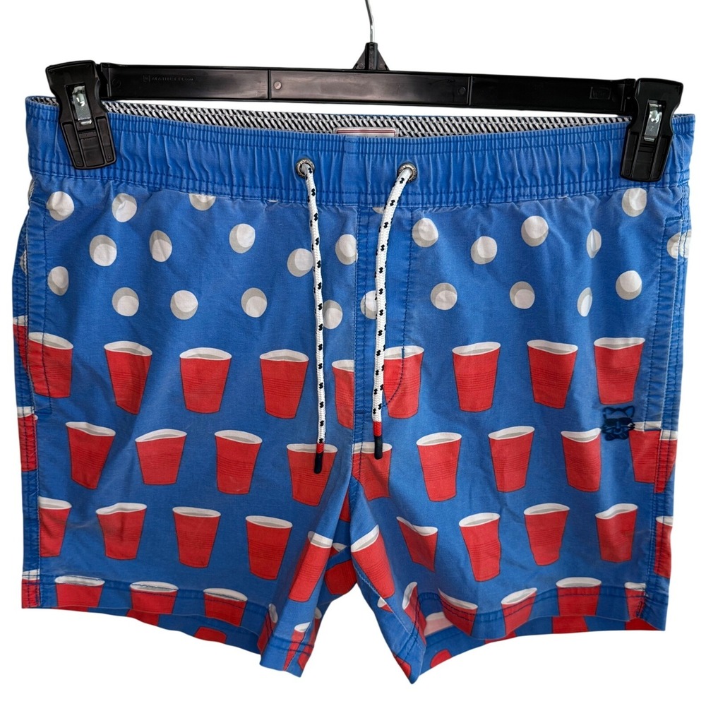 Party Pants Men's Blue Red Solo Cup Polka Dot Swim Trunks Board Shorts Medium
